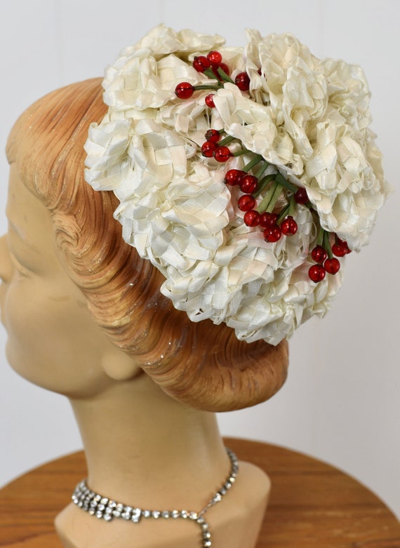 1950s Red Cherries White Fascinator Mini Hat - image 2