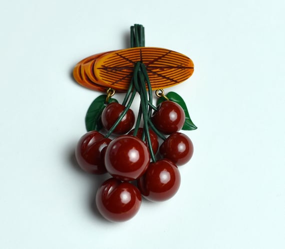 1940s Bakelite Cherries Brooch Pin Tested - image 1