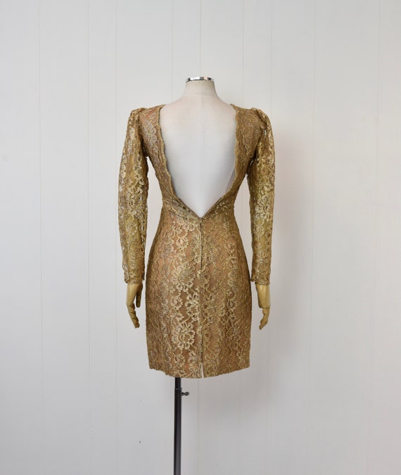 1980s Metallic Gold Beaded Floral Lace Puff Sleev… - image 5