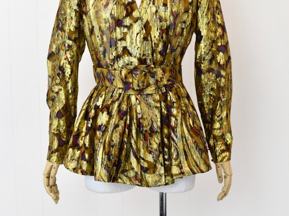 1980s Gold Metallic Floral Sheer Peplum Blouse wi… - image 3