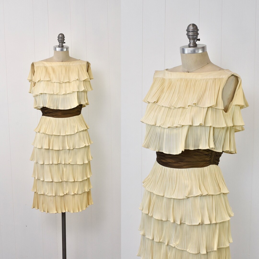 1950s Cream Ruffle Pleated Tiered Cocktail Wiggle Dress - Etsy