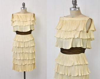 1950s Cream Ruffle Pleated Tiered Cocktail Wiggle Dress