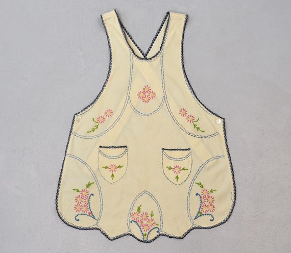 Antique Floral Embroidery Linen Apron Dress - image 1