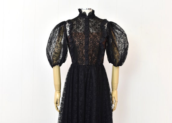 1980s Albert Capraro Black Floral Lace Victorian … - image 2