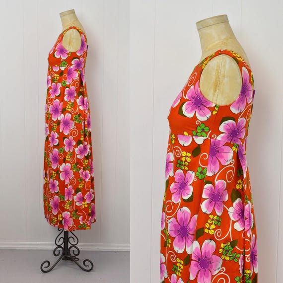 1970s Hawaiian Orange Floral Print Cotton Tiki Maxi D… - Gem