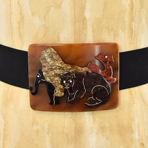 1980s Animal Safari Rhinestone Novelty Buckle Elastic Black Stretchy Statement Belt Large