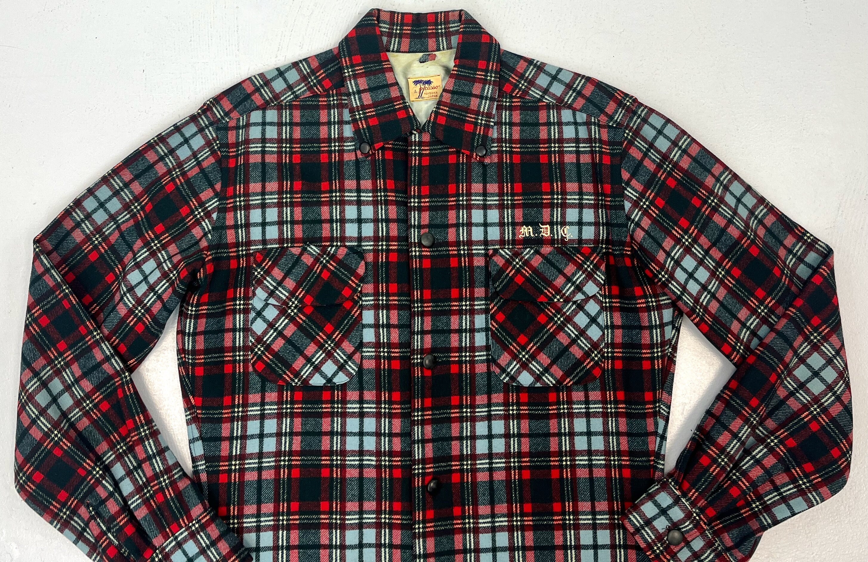 1950s/1960s Picasso Japan Red Blue Plaid Wool Button Down Flannel