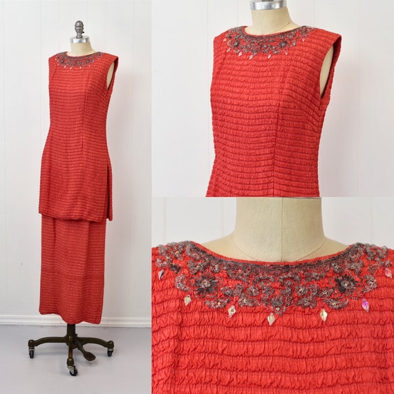 1960s Coral Beaded Rhinestone Mod Party Maxi Dres… - image 3