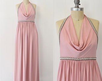 1970s Halston Pink Halter Gown with Rhinestones