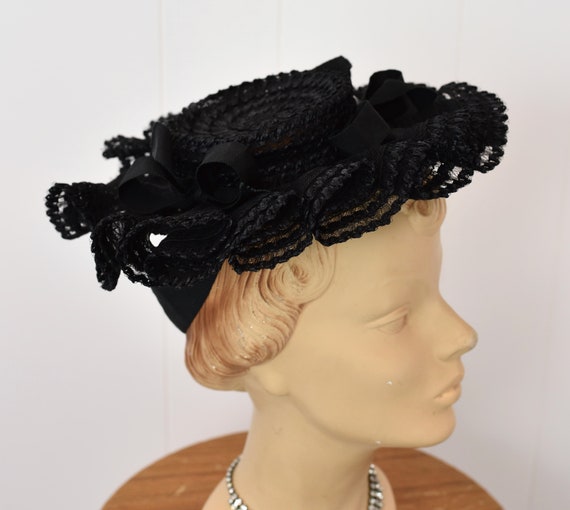 1940s Black Ribbon Bow Straw Tulle New York Creat… - image 8