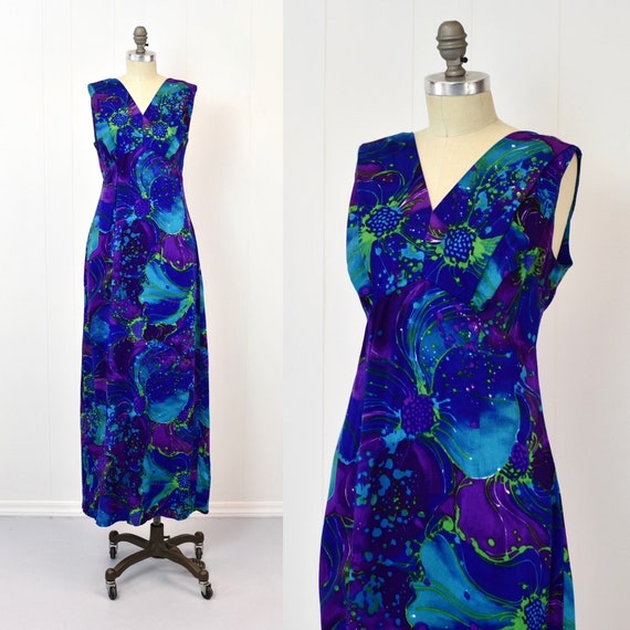 1970s Hawaiian Floral Print Purple Blue Liberty H… - image 1