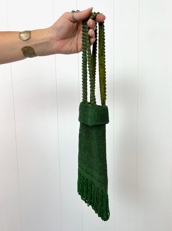 1920s Green Beaded Fringe Flapper Purse Handbag - image 5