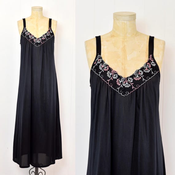 1970s Floral Embroidered Black Nylon Alan R Lingerie Nightgown Dress