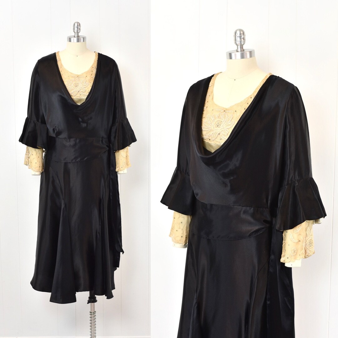Antique 1920s Black Satin Rhinestone Beaded Nude Floral Mesh Drop Waist ...