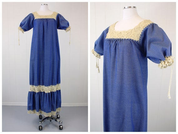 1970s Crochet & Chambray Puff Sleeve Dress