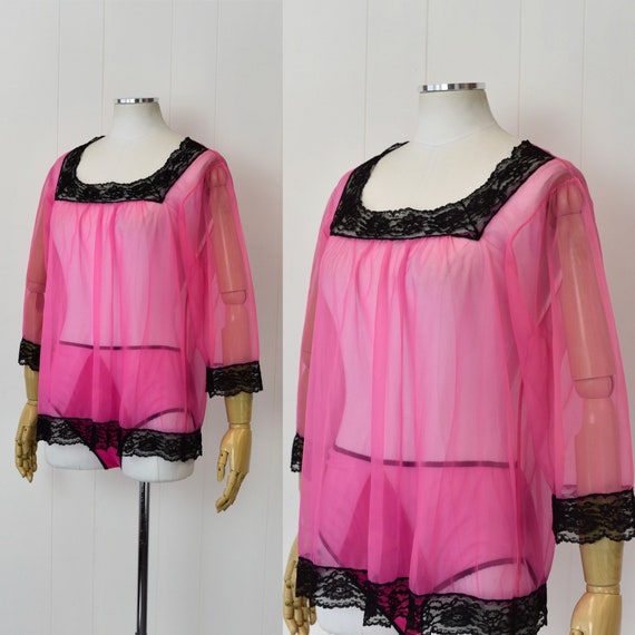 1960s/1970s Hot Pink Black Lace Blouse & Panties … - image 2