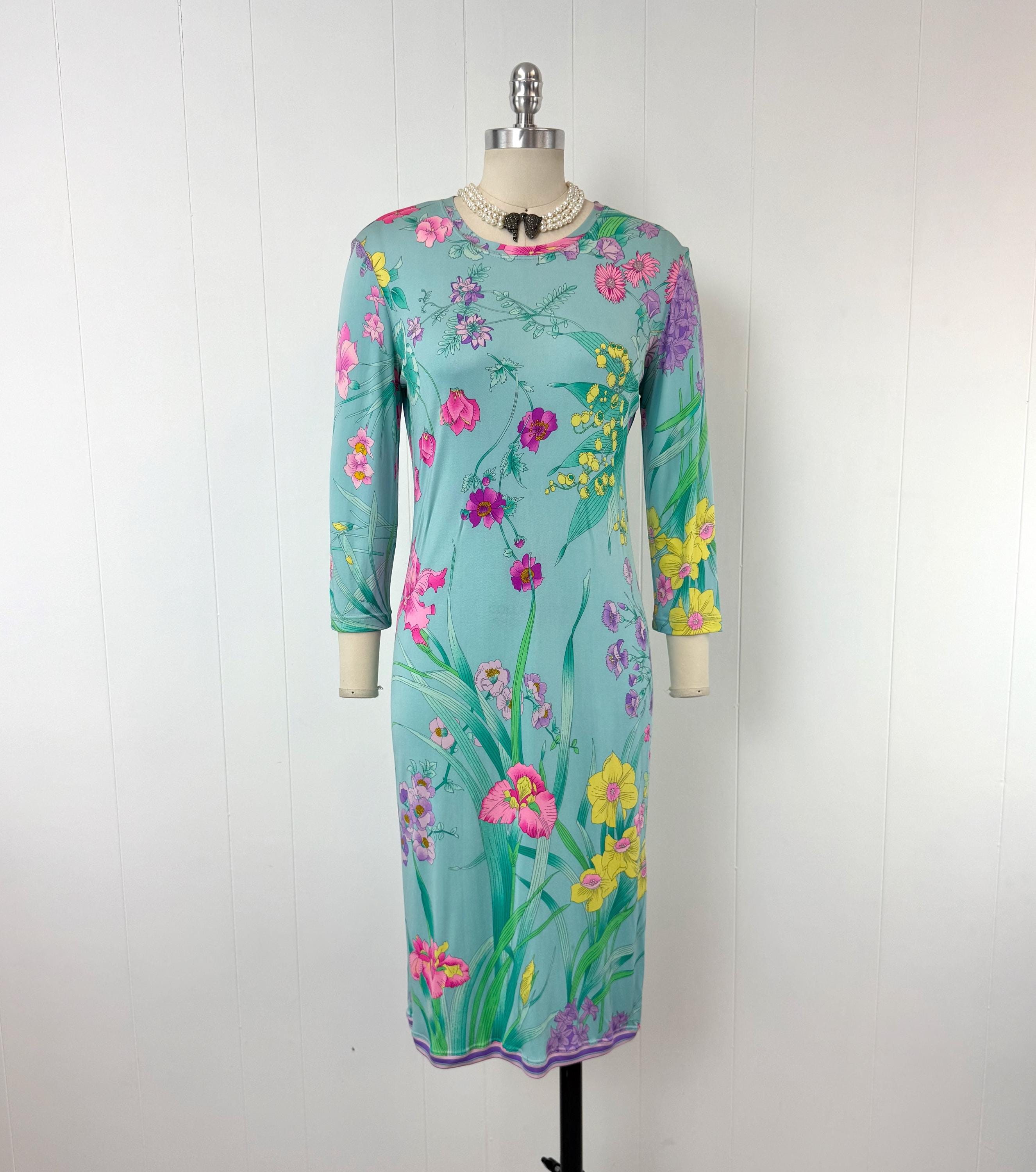 Vintage Leonard Paris Blue Floral Berry Fruit Novelty Print Silk