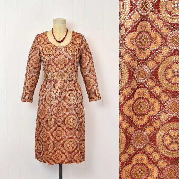 1960s Adele Simpson Brocade Metallic Red Orange R… - image 1