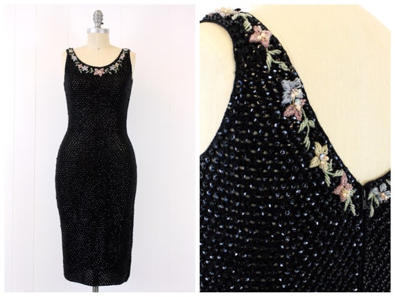 1950s Black Sequin & Beaded Wiggle Dress