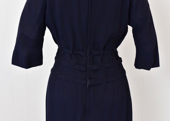 Early 1950s Paul Parnes Navy Blue Bow Pinup Dress - image 7