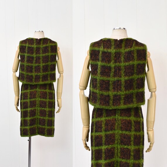 1960s Green Plaid Checkered Blouse & Skirt Two Pi… - image 6