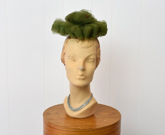 1950s Green Tulle Faux Cherries Fascinator Mini T… - image 3