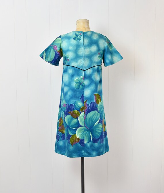 1960s BJ's Hawaiian Blue Hibiscus Mini Shift Dress - Gem
