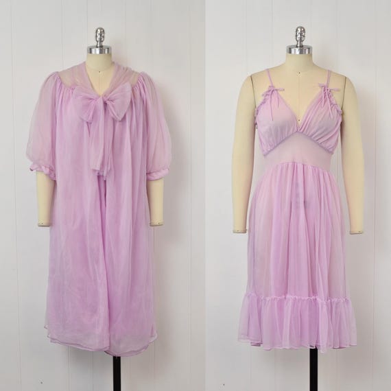 1960s Lavender Light Purple Nylon Ruffle Bow Lingerie Boudoir Robe Nightgown Dress Matching Two Piece Peignoir Set