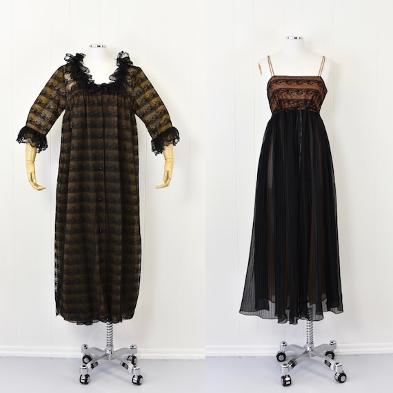 1960's Black & Nude Nylon Peignoir Set