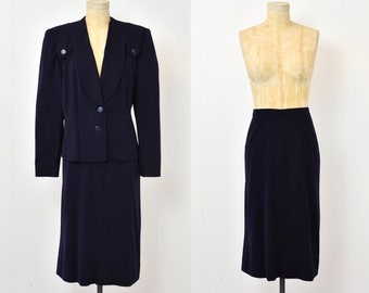 1940s Navy Blue Bobby Burns of New York Jacket Blazer & Skirt Two Piece Noir Pinup Suit Set Plus Size Volup
