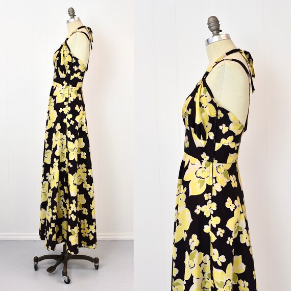 1940s Yellow Floral Black Halter Tie Gown Maxi Dr… - image 3