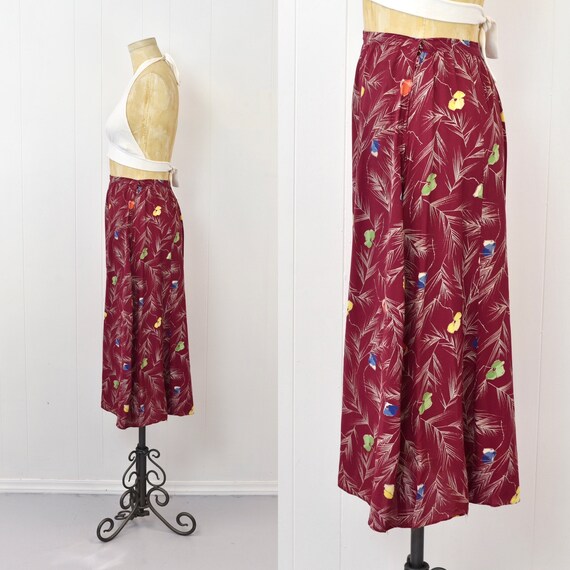 1940s Floral Print Raspberry Red Pink Rayon Skirt… - image 5