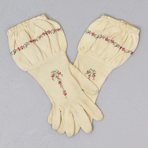 1950s Ivory Pink Rose Floral Print Pinup Formal Gloves