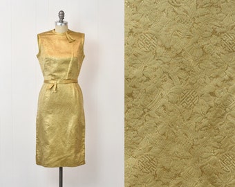 1950s Gold Metallic Brocade Asian Inspired Vanny of Hong Kong Wiggle Pinup Dress