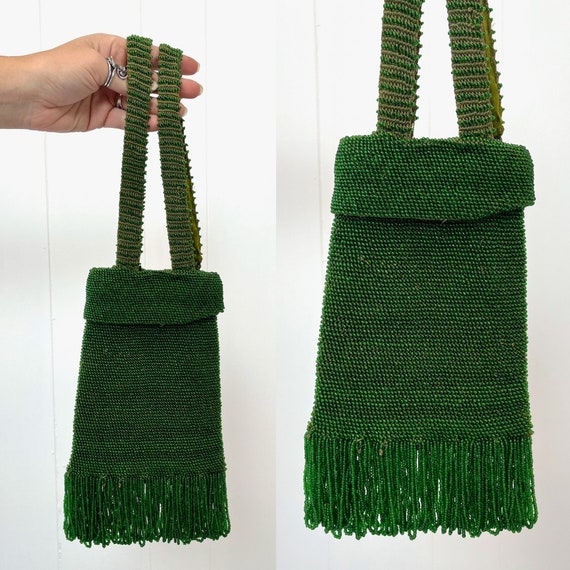 1920s Green Beaded Fringe Flapper Purse Handbag - image 1