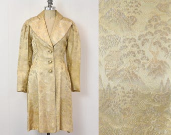 1960s Metallic Gold Silver Asian Inspired Brocade Coat Jacket As Is