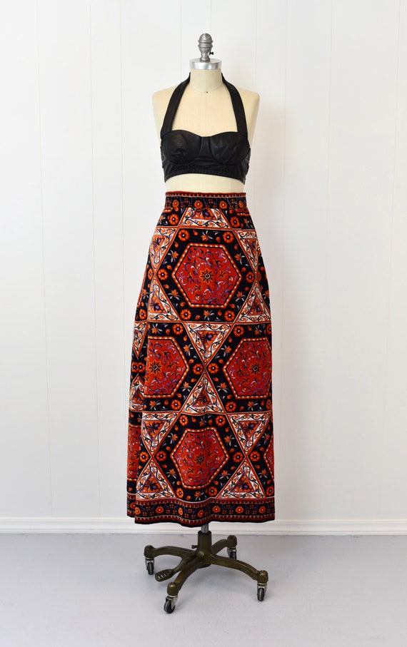 1970s Mr. Dino Velvet Orange Red Floral Maxi Skirt - image 8