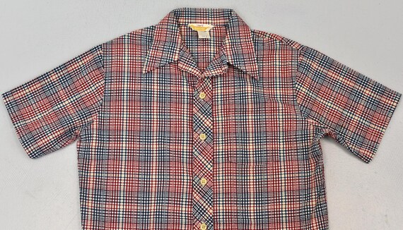 1960s Jantzen Plaid Striped Red White Blue Cotton Short Sleeve