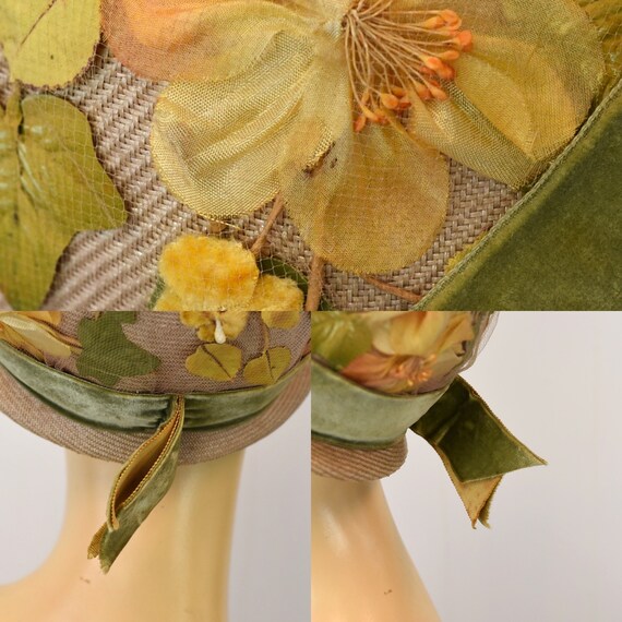 1960s Straw Faux Flower Leaves Velvet Ribbon Buck… - image 9