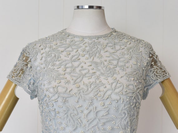 1950s Light Blue Beaded Faux Pearl Sheer Blouse - image 2