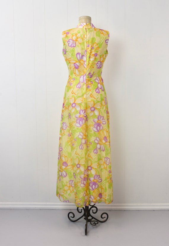 VINTAGE 60s 70s PURPLE YELLOW BROWN PSYCHEDELIC FLORAL SLEEVELESS MAXI DRESS 14