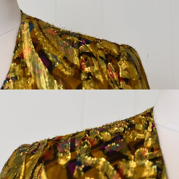 1980s Gold Metallic Floral Sheer Peplum Blouse wi… - image 7