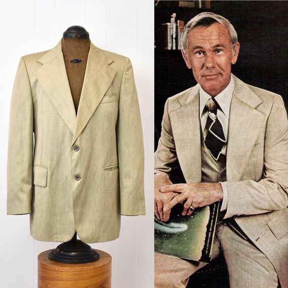 1976 1970s Johnny Carson Taupe Stone Mens Suit Jacket… - Gem