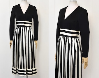 1970s Victor Costa Black White Striped Print Romantica Party Dress