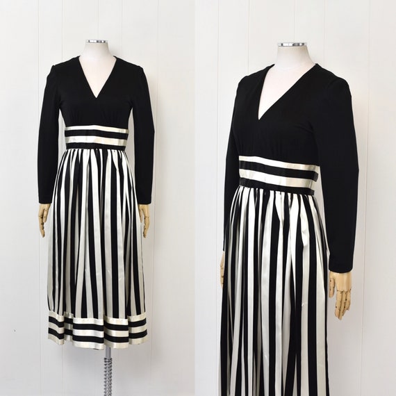 1970s Victor Costa Black White Striped Print Roma… - image 1