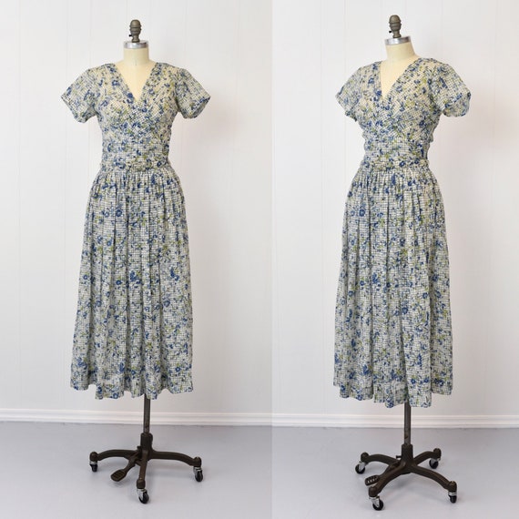 1950s Sheer Blue Floral Gingham Day Dress - image 1