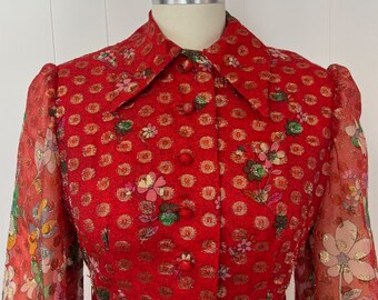 1960s/1970s Oscar De La Renta Red Metallic Gold Floral