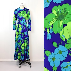 1970s Blue Green Floral Print Keram New York Boho Hippie Party Maxi Dress Gown