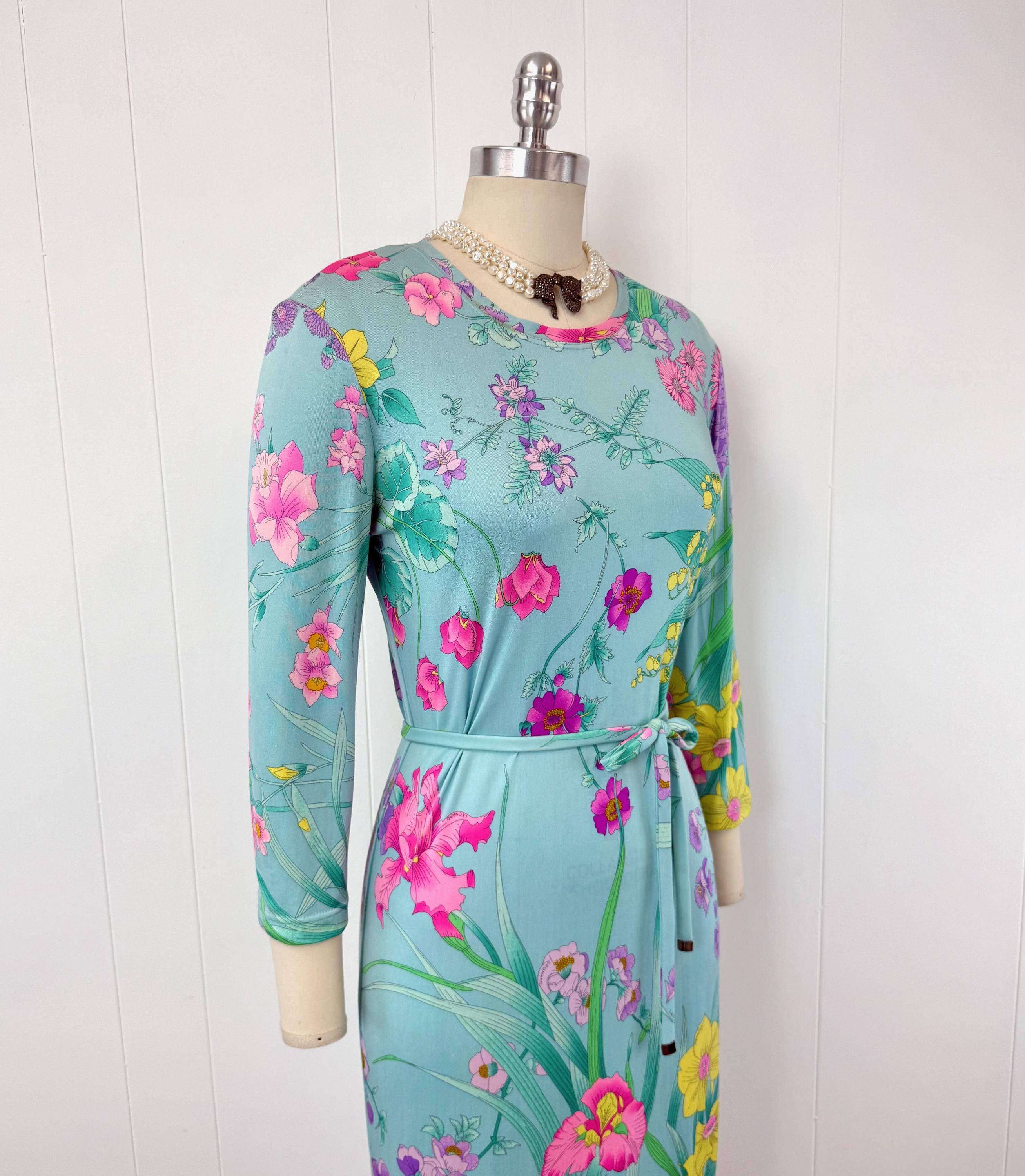 Vintage Leonard Paris Blue Floral Berry Fruit Novelty Print Silk