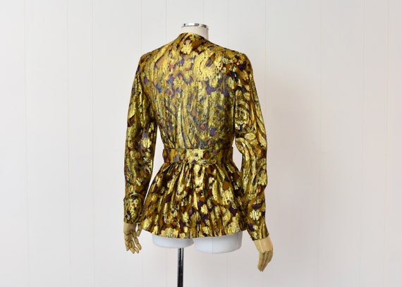 1980s Gold Metallic Floral Sheer Peplum Blouse wi… - image 6